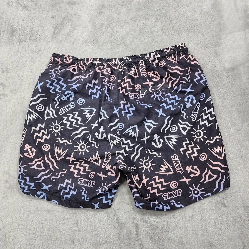 JAWS Swim Shorts Mens L Black Multicolor Print Lined Drawstring‎ Beach Summer